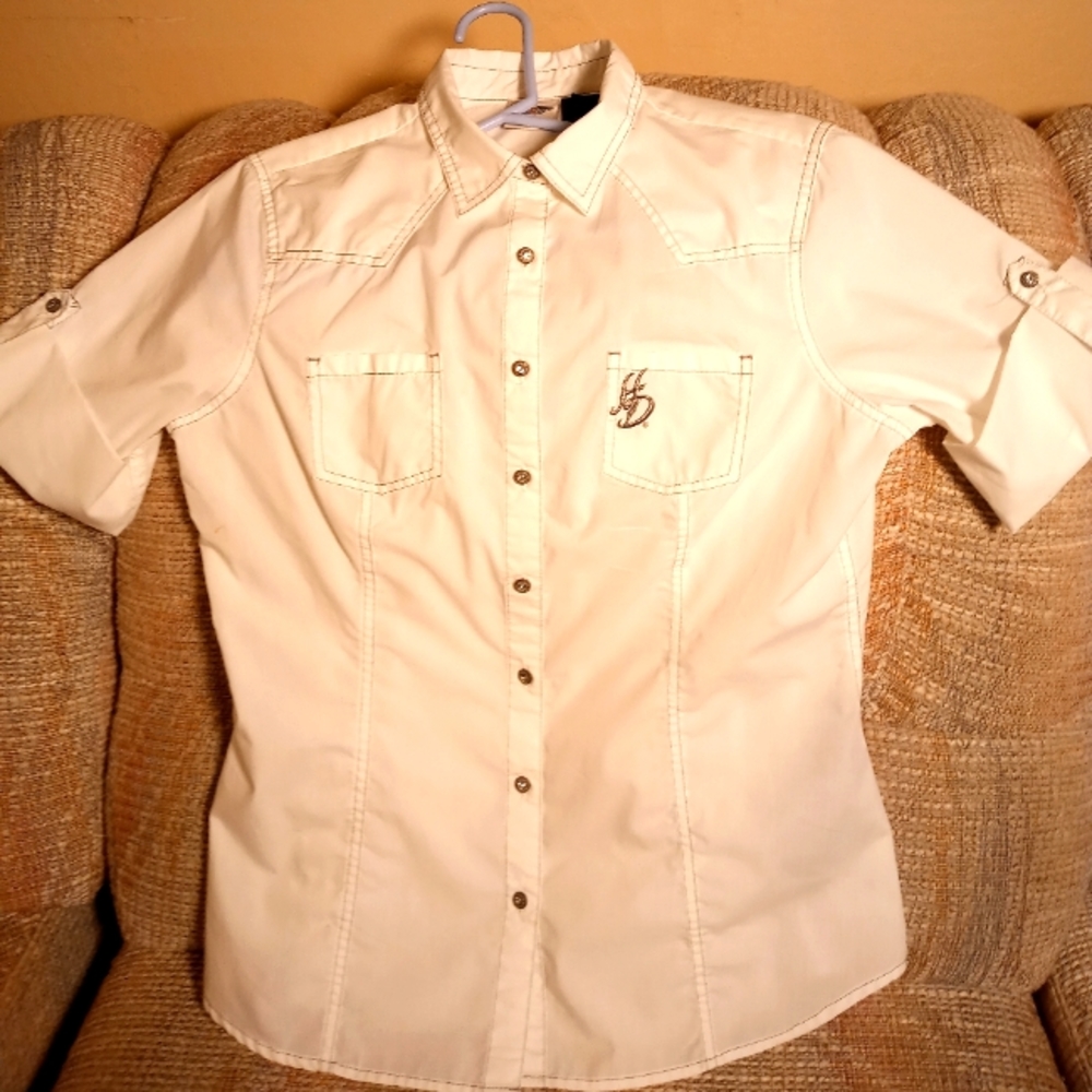 Harley Davidson Women's Embroidered Short Sleeve Shirt Button   Down Lg. White